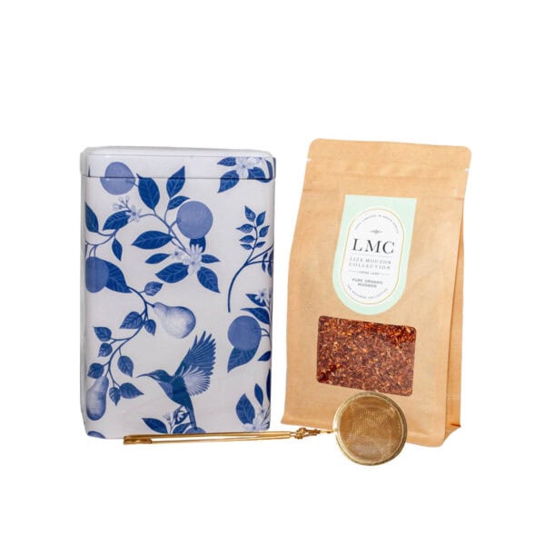 lmc pure rooibos loose leaf tea with a tea tin and gold strainer